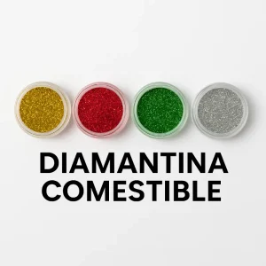 Diamantina Comestible 5gr en colores verde, rojo, azul, rosa, plateado y dorado para decorar tortas, postres y repostería en Quito, Ecuador
