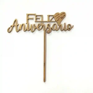 Topper Madera Feliz Aniversario Colores Negro, Dorado Y Plateado Ancho 16cm Alto Letrero 6cm Alto Total 16.5cm