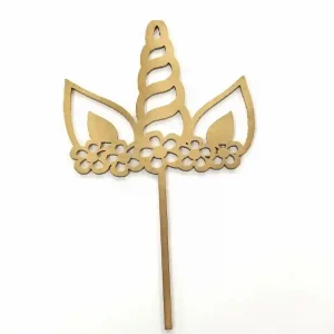 Topper Madera Unicornio Colores Negro, Dorado y Plateado Tamaño Ancho 15cm Alto Letrero 13cm Alto Total 24cm